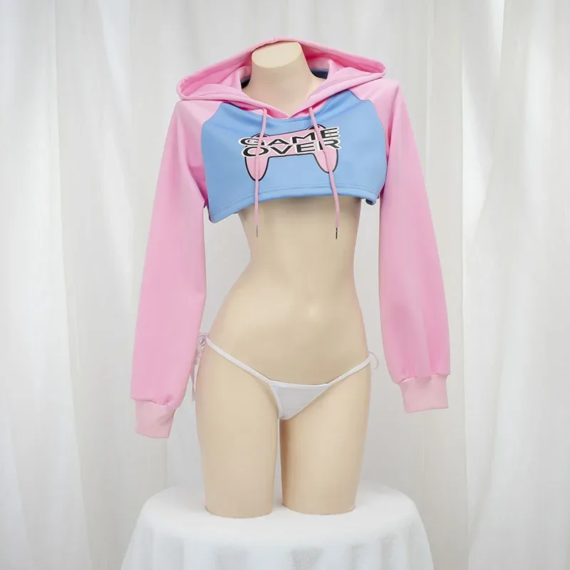 Lindo Conjunto de Top Corto con Capucha de Manga Larga Rosa y Azul, Estilo Combinado para Chicas Estudiantes, Ideal para Cosplay o como Camisón