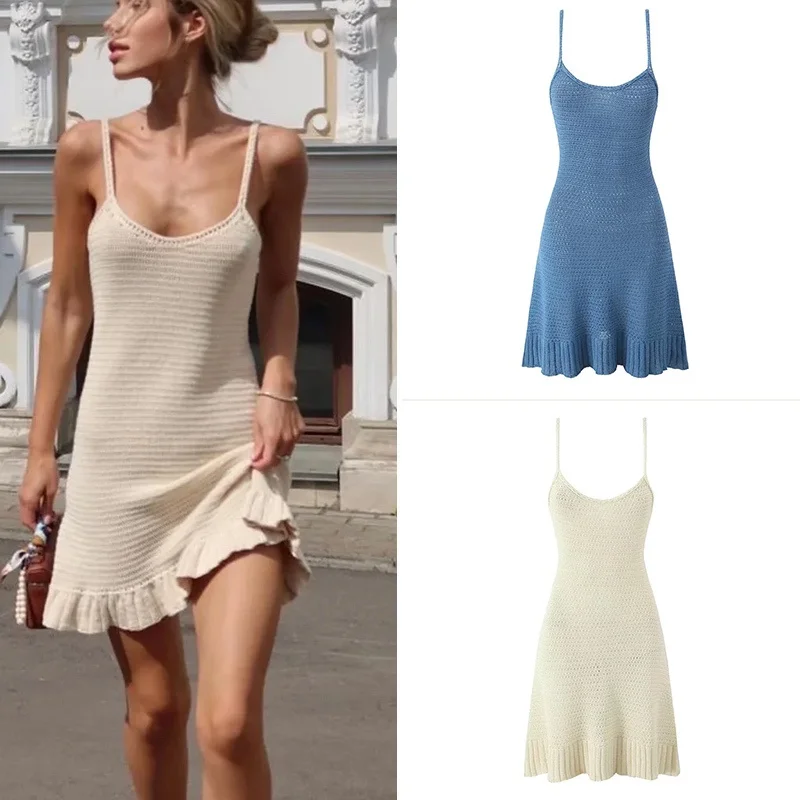 Retro Backless Hollow out Knitted  Dress with Lace Trim Short Strapless Gown for Women High Waist A-Line Summer Dress