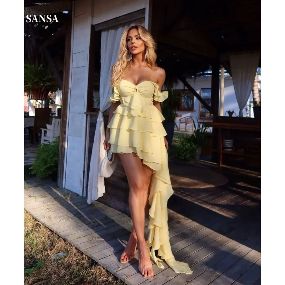 

Sansa Yellow Strapless Tiered Ruffle Prom Dresses Asymmetrical Customized جديد في الفساتين Lace-Up Off Shoulder robes de soirée