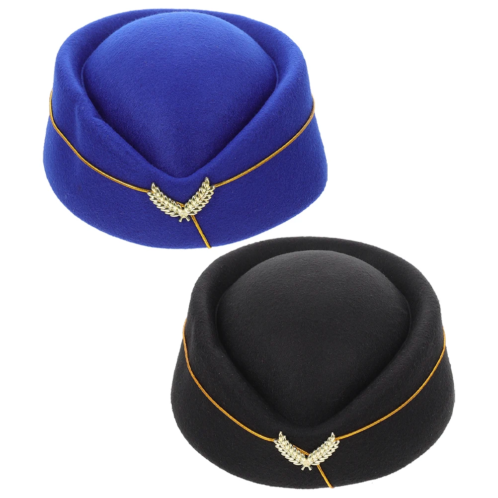 

2pcs Stewardess Hats Flight Attendant Uniform Accessories Black Blue Cadet Caps Air Hostess Costume Prop Stylish Design Easy