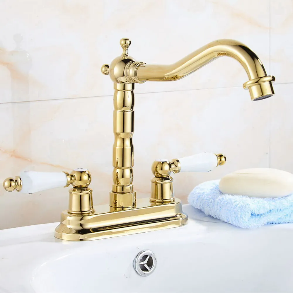 European style Luxury Gold Color Brass dual hole two handle bathroom basin faucet vintage basin mixer tap  Lnf431