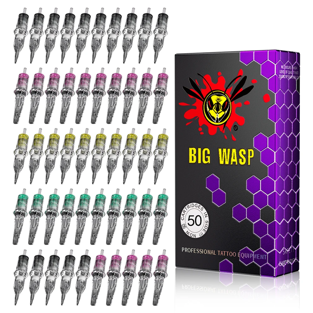 

BIGWASP 50Pcs Mixed Sizes Disposable Tattoo Needles #10 #12 Professional Sterile RL RS RM M1 Assorted Needles for Tattoo Machine