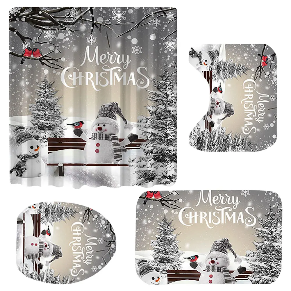 Christmas Winter Bathroom Curtain with Rugs Toilet Cover Mat Holiday Shower Curtain Printed Bath Curtain for Bathroom Decor