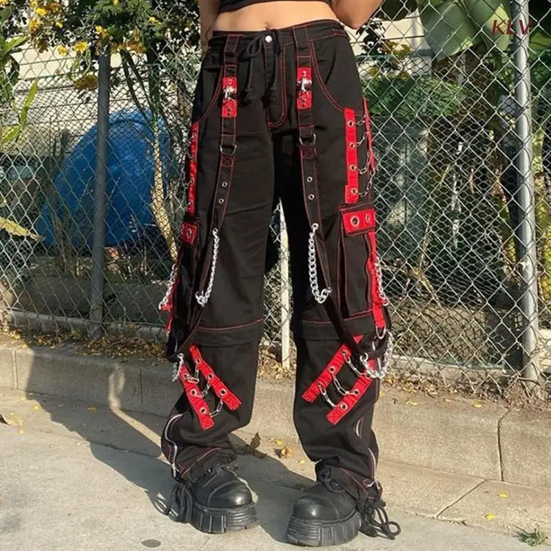 

Women Dark Gothic Baggy Cargo Pants Harajuku Punk Colorblock Eyelets Bandage Metal Chain Hip Hop Wide Leg Trousers 6XDA