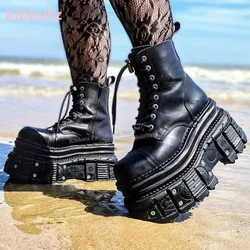 Thick Bottom Ankle Boots Platform Dark Rock Punk Round Toe Height Increase Lace-Up Side Zipper Fashion Novelty Women Shoes New