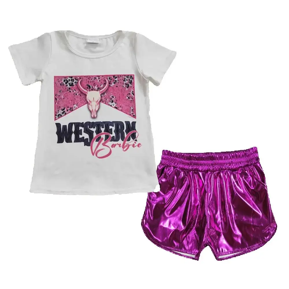 

Sibling White Letter Bull Head Baby Girl Short-Sleeved Leather Shorts Suit Casual Elegant Outfit for Little Girls