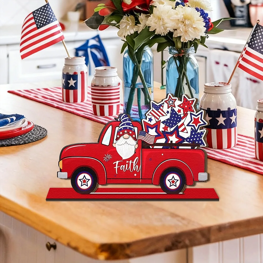 6-teiliges Patriotisches Tischdekorations-Set, Gedenktag Tischdekoration, Holz-Gnom Freiheits-LKW-Stern Tischschilder für Veteranendag-Geschenke – Detail 6