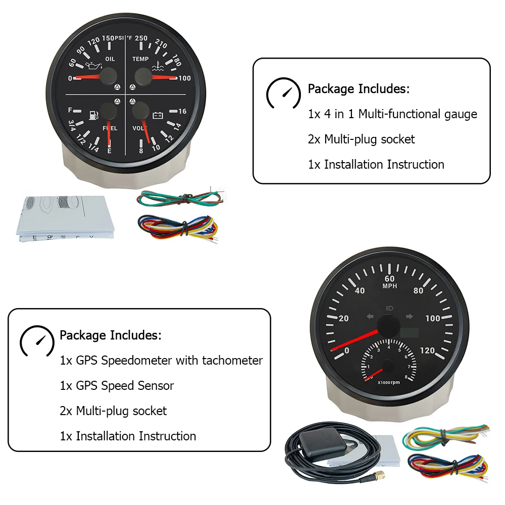 

Rhaxel 110MM GPS Speedometer 0-120KM 160MPH with 0-8000RPM Tachometer with 4in1 Multifunction Gauge with Alarm for Car Truck SUV