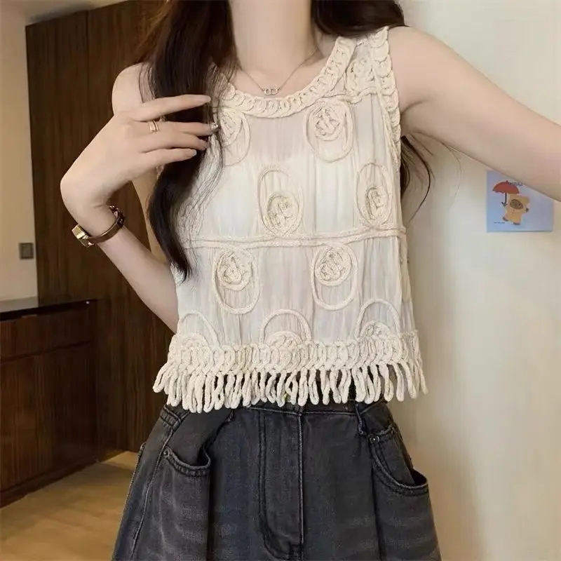 

Топ без рукавов с кисточками для женщин Wasteland в этническом стиле, тайский вязаный тонкий универсальный повседневный топ