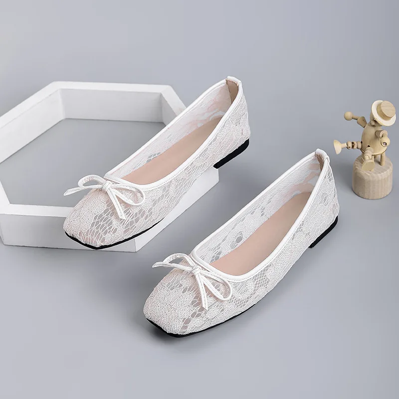 

Женские элегантные кружевные полые балетки, летние модные дышащие сетчатые женские прогулочные туфли без шнуровки с квадратным носком и бантом