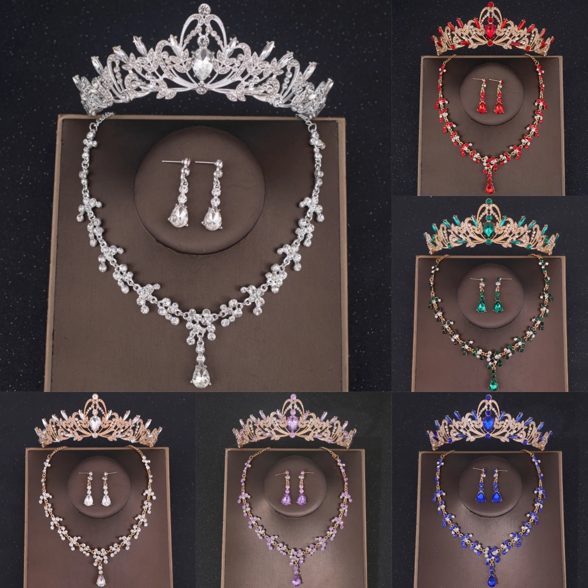 

Набор из 3 предметов: колье, серьги и корона с кристаллами, свадебный комплект украшений с камнями, аксессуары для волос для невесты, свадебная корона-тиара
