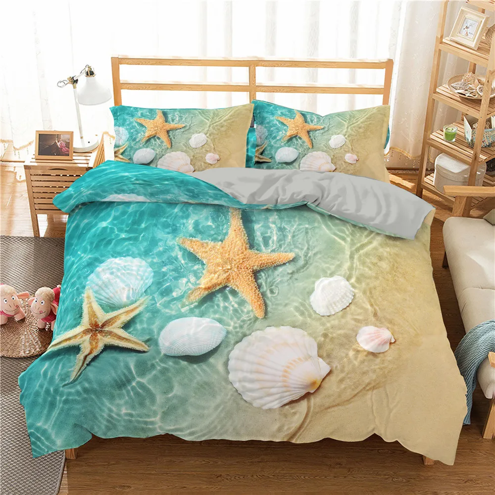 

Beach Starfish Duvet Cover Set Queen Blue Cute Ocean Creatures Bedding Set Sea Shells Starfish Print Tropical Comforter Cover