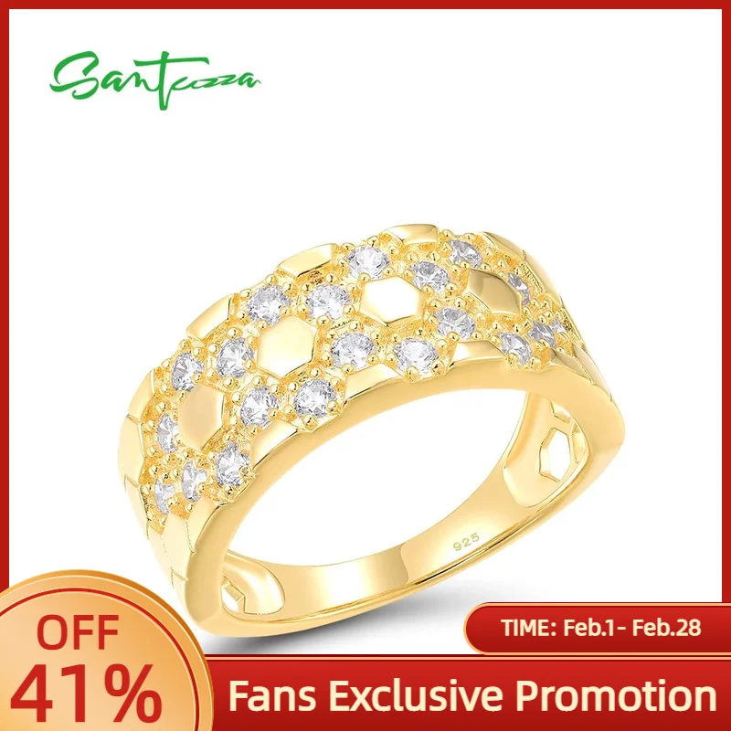 

SANTUZZA Authentic 925 Sterling Silver Ring For Women Sparkling White Cubic Zircon Neutral Hexagon Daily Wearing Fine Jewelry
