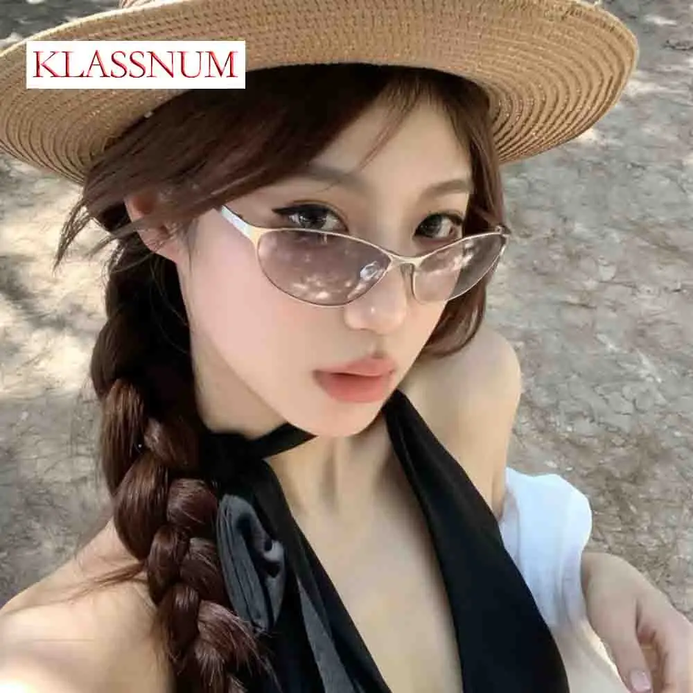 

KLASSNUM Y2K Fashion Silver Metal Oval Sunglasses Women Vintage Retro Shades Futuristic Steampunk Trendy Eyewear UV400