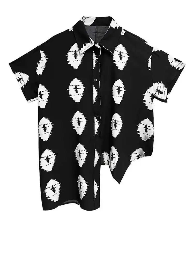 ผู้หญิงสีดํารูปแบบพิมพ์ไม่สม่ําเสมอขนาดใหญ่เสื้อใหม่เสื้อแขนสั้นแฟชั่นฤดูใบไม้ผลิฤดูร้อน