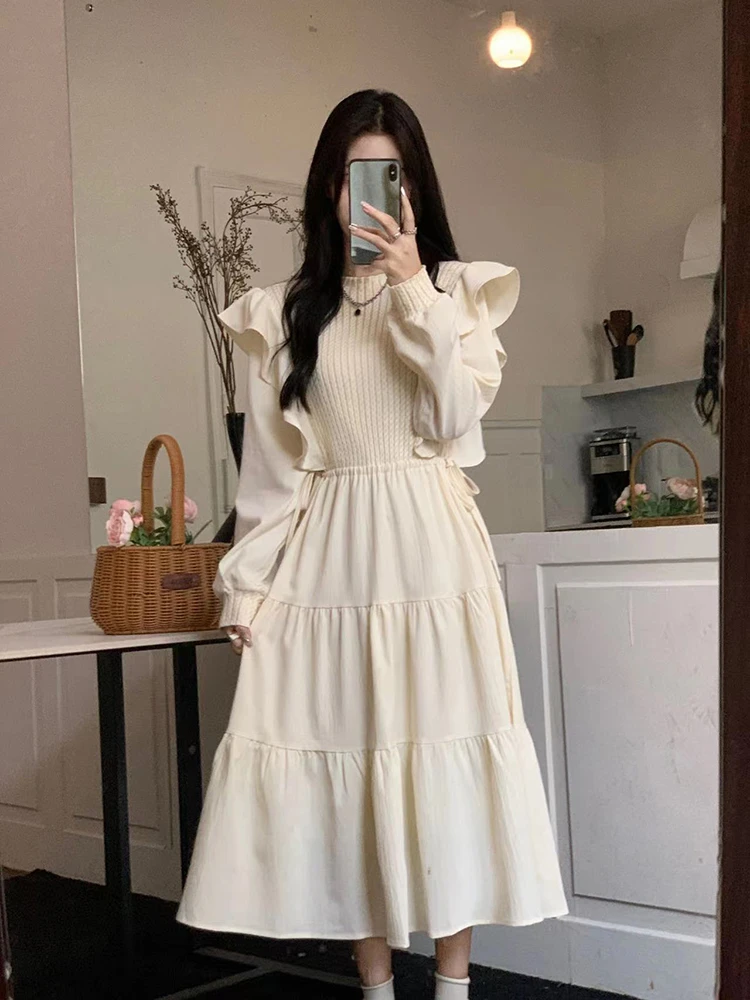 Senhoras francês babados painéis tripulação pescoço malha a linha vestido fino-encaixe ruched em camadas bolo vestido casual roupas soltas outono