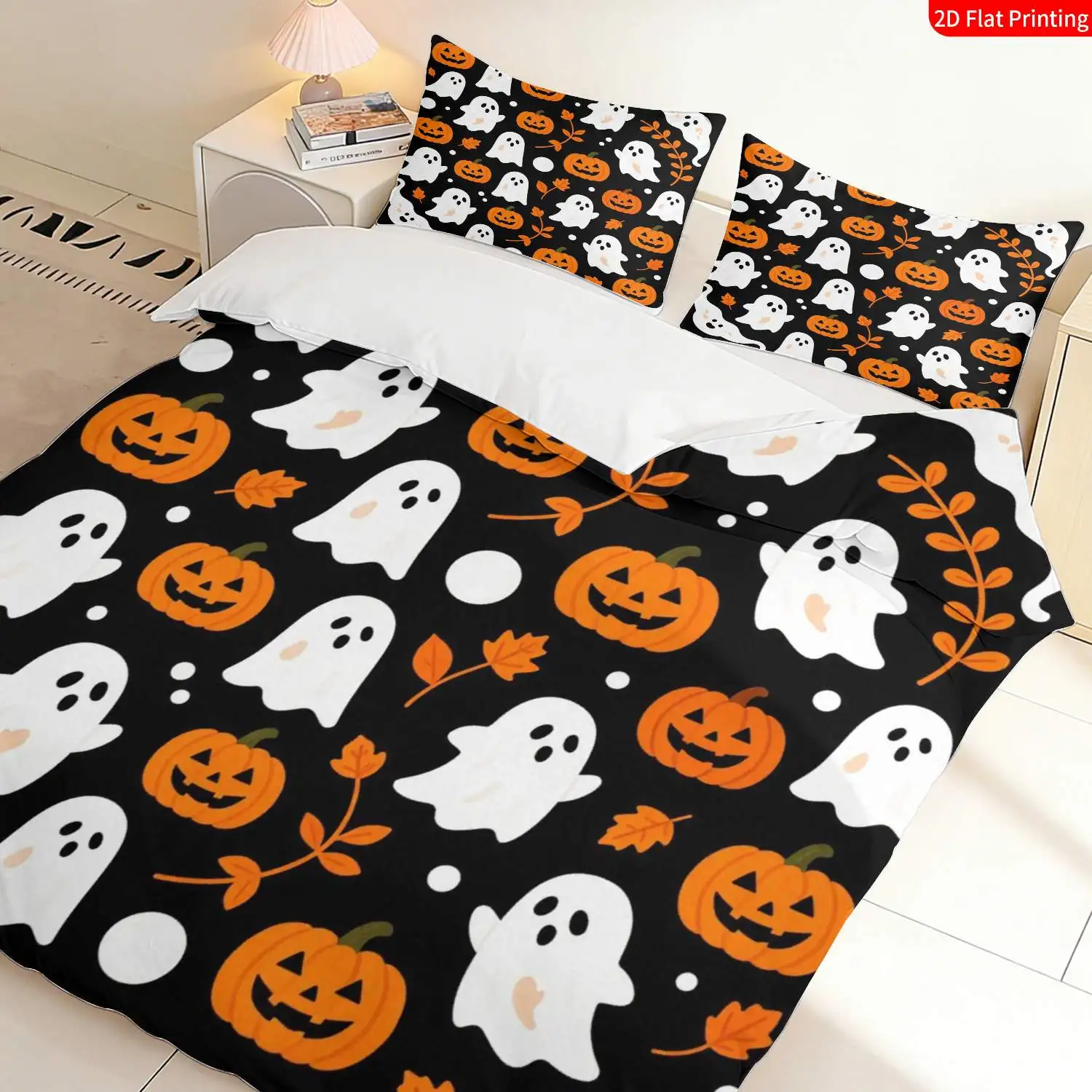 The Latest Printed Quilt Cover Set, 2D Flat 2D Printed Halloween-Themed Quilt Cover Bedding Set, Black, Orange, and White Pumpkin Leaf Pattern, Three-Piece Quilt Cover Set with Printed Designs for Cozy Bedroom Decoration (Suitable for All Seasons, Machine Washable, Invisible Zipper, Large Quilt Cover Set, Bedding Set, Quilt Cover)