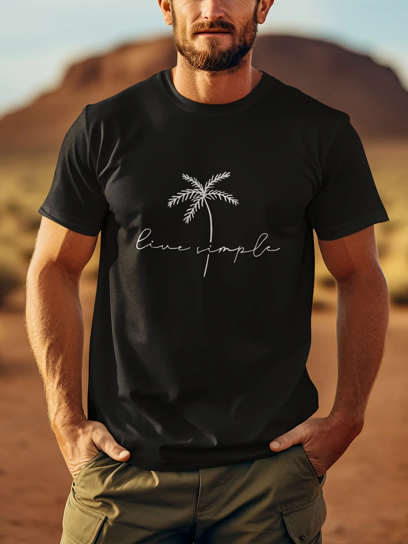 Palm Tree Print Men's Round Neck Fashion Short Sleeve Sports T-Shirt Comfortable and Versatile, Suitable for Spring, Summer and Autumn