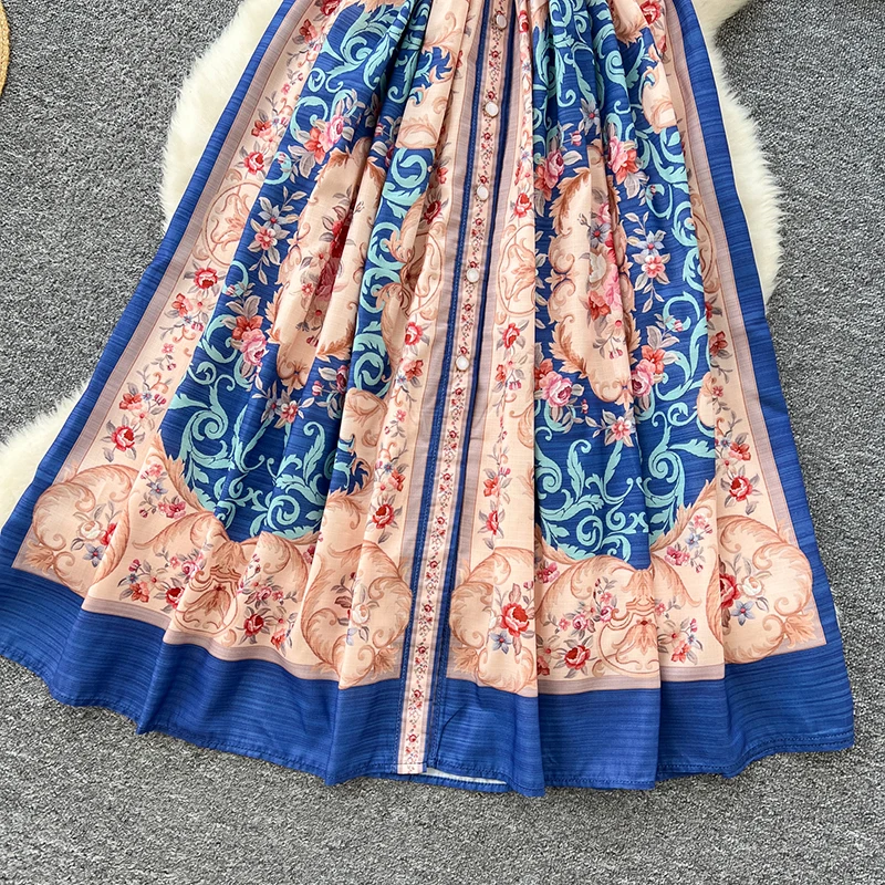 Letnia francuska elegancka sukienka retro dla kobiet 2025 Nowa talia Temperament Garnitur z krótkim rękawem Kołnierzyk z nadrukiem Długa sukienka S06