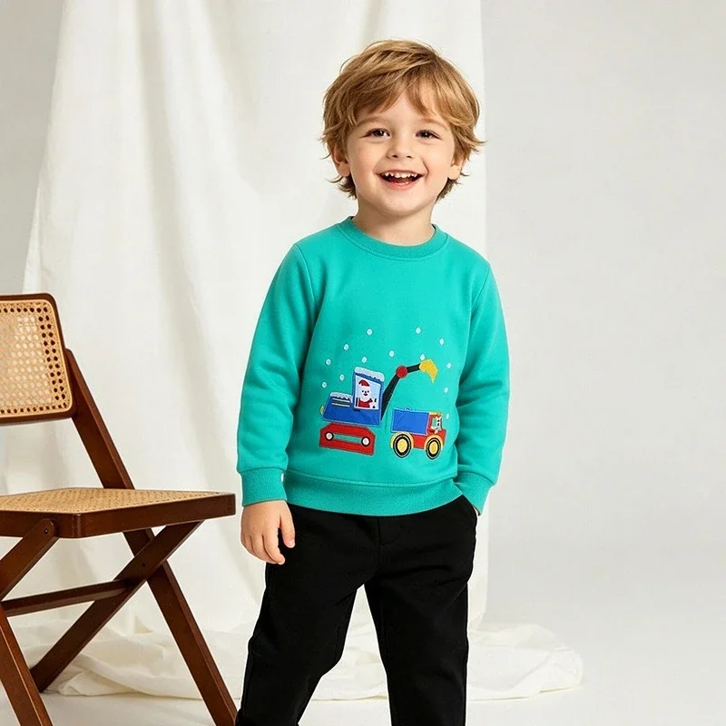 Boys 100% Cotton Hoodies Sweatshirts Pullover Tops Christmas Excavator Truck Applique Long Sleeve Crew Neck Kids Sweatshirt