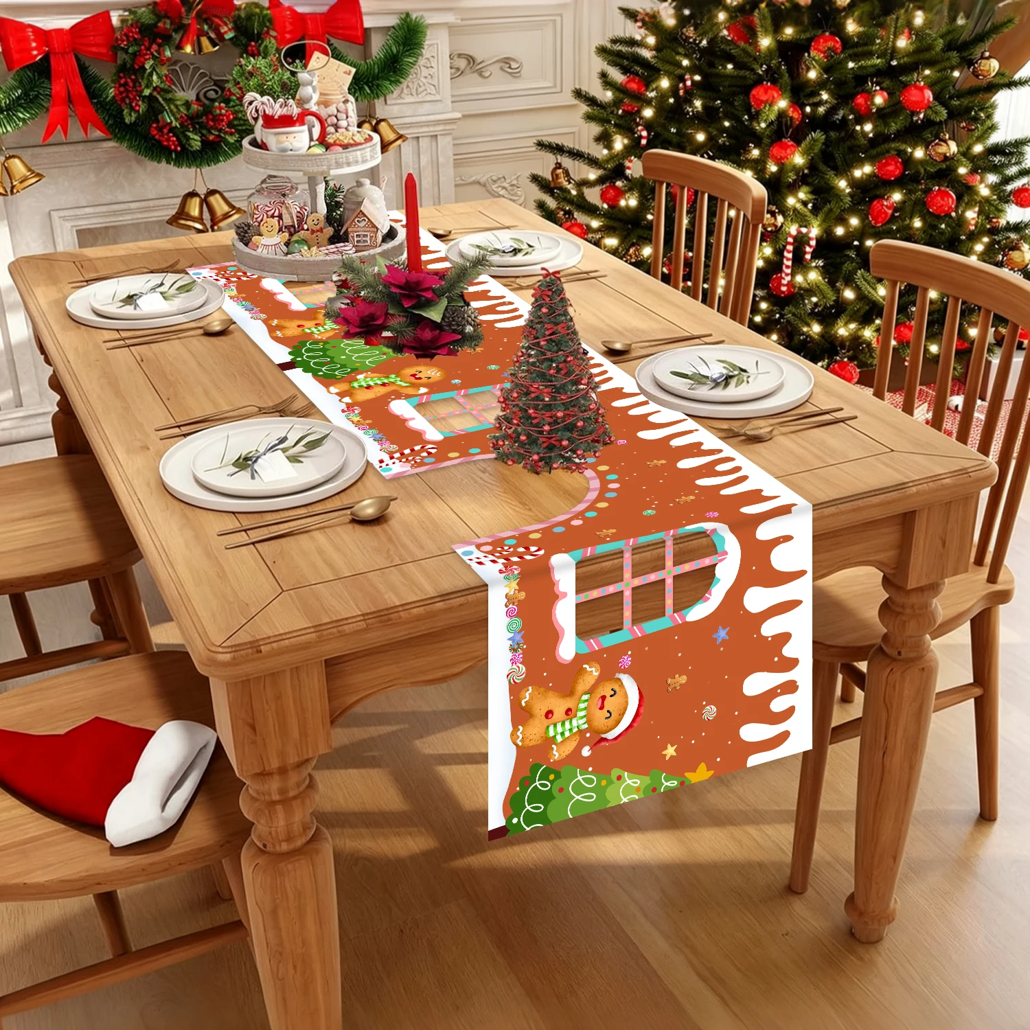Gingerbread House Christmas Table Runner Cute Candy Cane Xmas Dining Table Cloth Holiday Kitchen Party Decorations