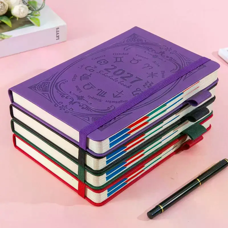 2027 Zodiac Pattern Embossed Planner Notebook With Elastic Strap Pen Loop For Daily Schedule Office Study