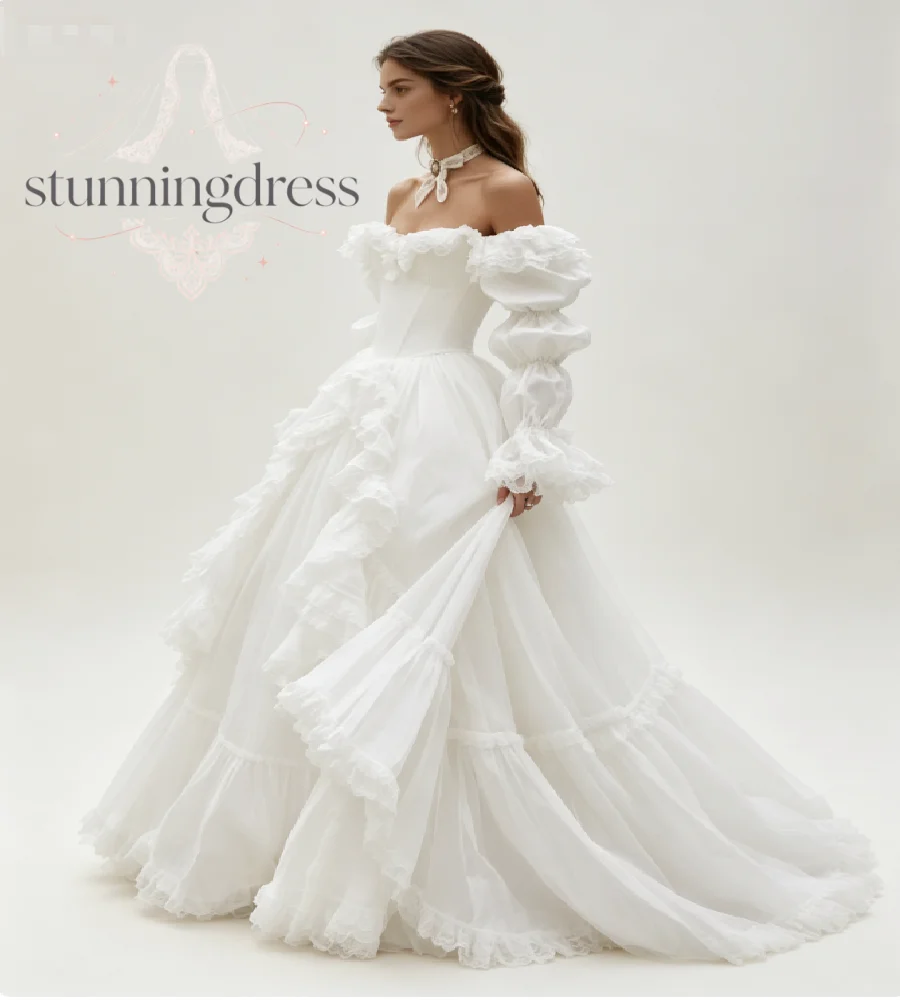 Vintage Victorian Off Shoulder Wedding Dress Puff Sleeve Ruffled Tiered Cottagecore Bridal Gowns 2026 Corset Tulle Lace Mariage