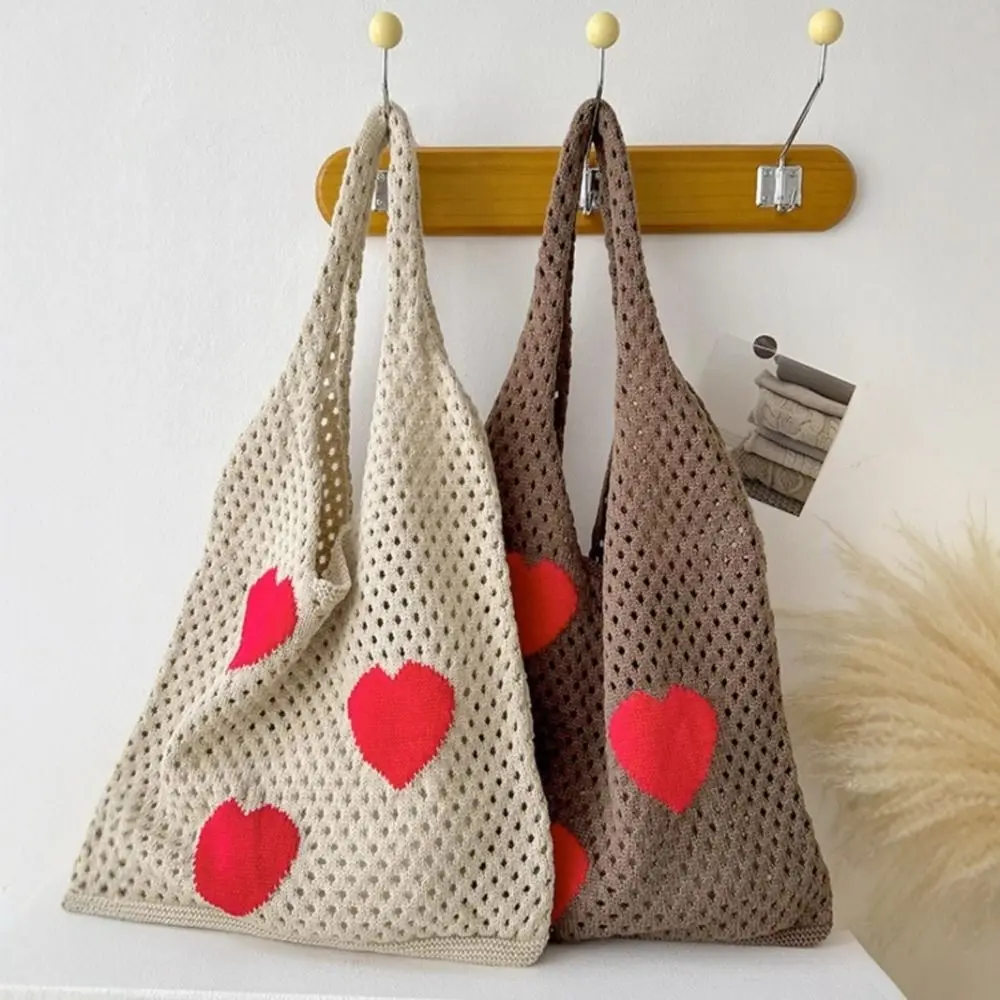 

Beach Bag Large Capacity Knitted Shoulder Bag Ins Style Love Heart Pattern Crochet Handbag Fashion Sweet Hollow Tote Bag Picnic