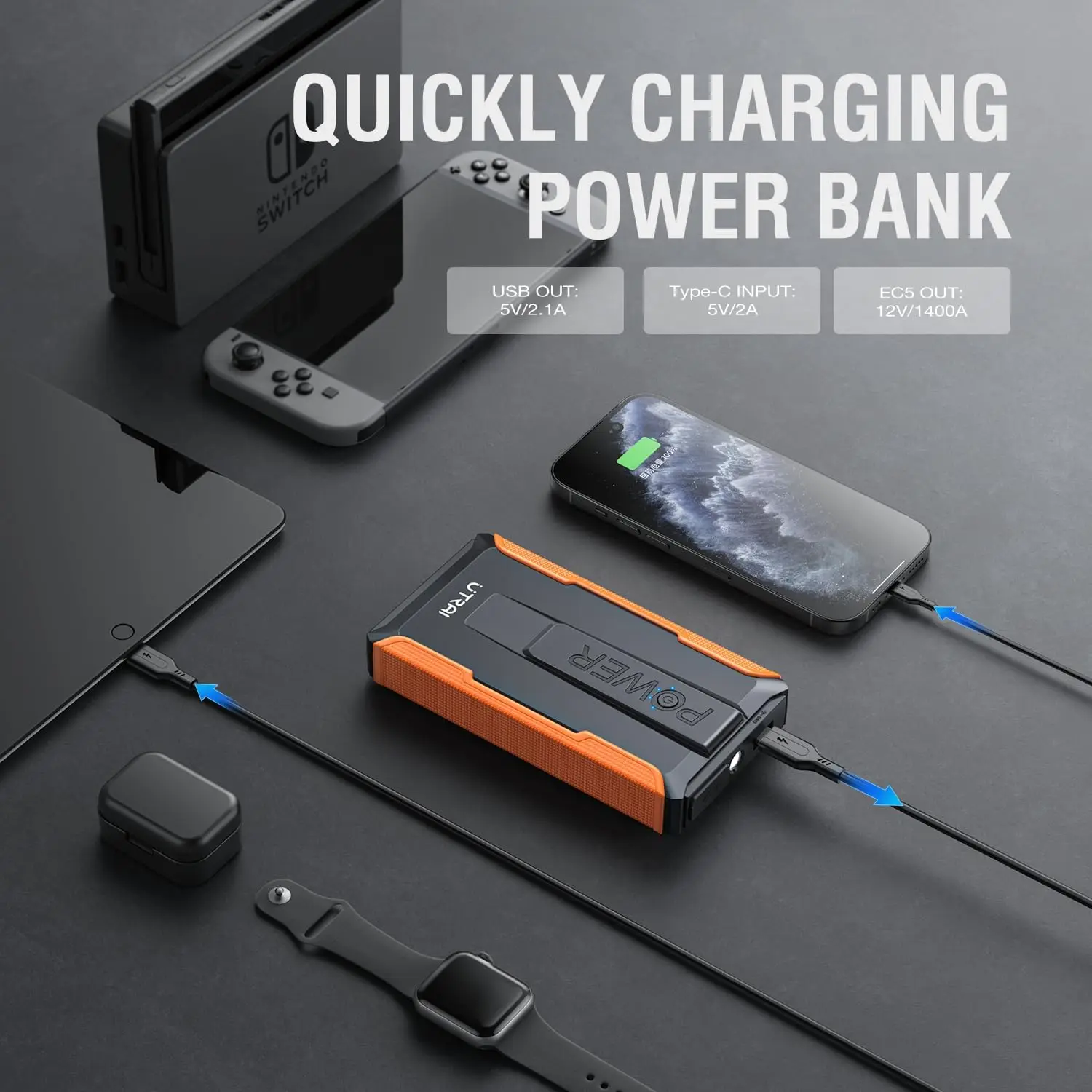 UTRAI-Car Jump Starter Power Bank, tragbares Autobatterie-Booster-Ladegerät, Startgerät, automatische Notstartbeleuchtung, 12 V – Detail 2