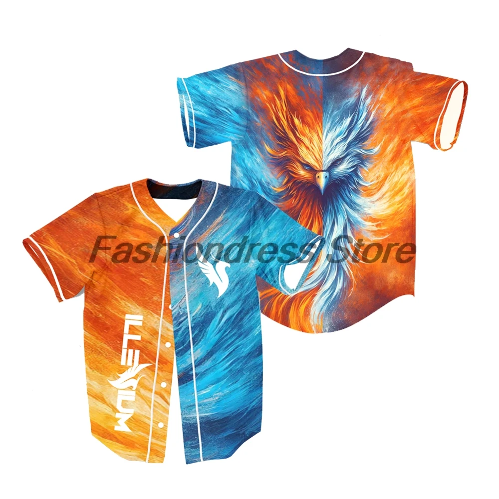 

Illenium Phoenix Orange and Blue Split Rave Baseball Jersey V-Neck Short Sleeve Button-Down Shirts Women Men Streetwear Tops