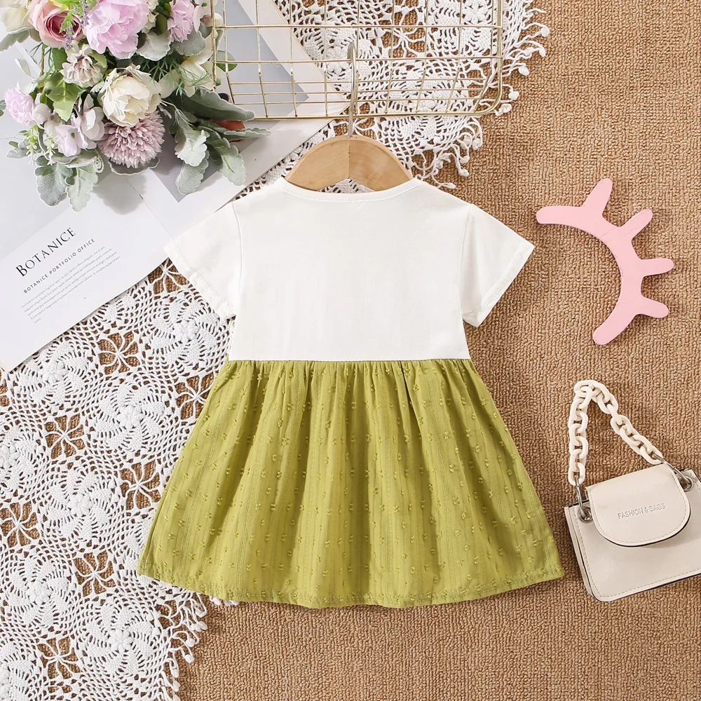 Summer baby girl dress baby girl fake two pieces of pure white short sleeved two small bow strap dress