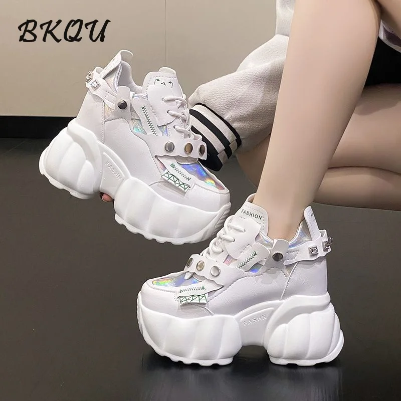 BKQU Laser Daddy Shoes 2024 Fall New Inside Elevating Super High Heel 11CM Casual Sports Muffin Women's Shoes Metal Decoration