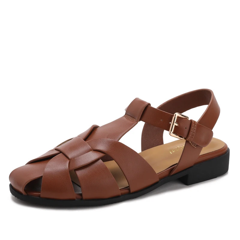 

Braided Toe Strap Vintage Sandals New Round Toe Non-Slip Thick Heel Ankle Strap Roman Sandals