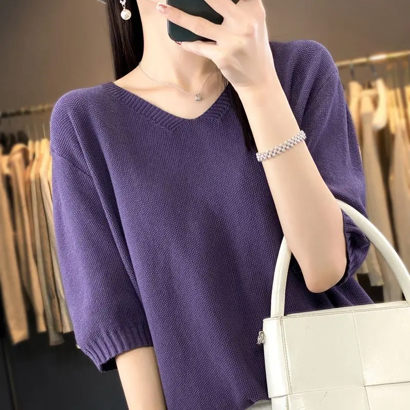 Temperament Fashion Summer New Thin Style Sweaters Women's V-Neck Solid Simplicity Office Lady Loose Half Sleeve Knitting Tops