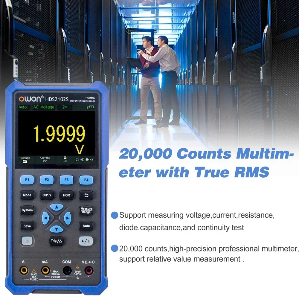 OWON HDS2102S Handheld-Digitaloszilloskop 100 MHz Bandbreite 500 MS/s 8 Bits 2CH + 1CH Generator True-RMS Multimeter Osciloscopio