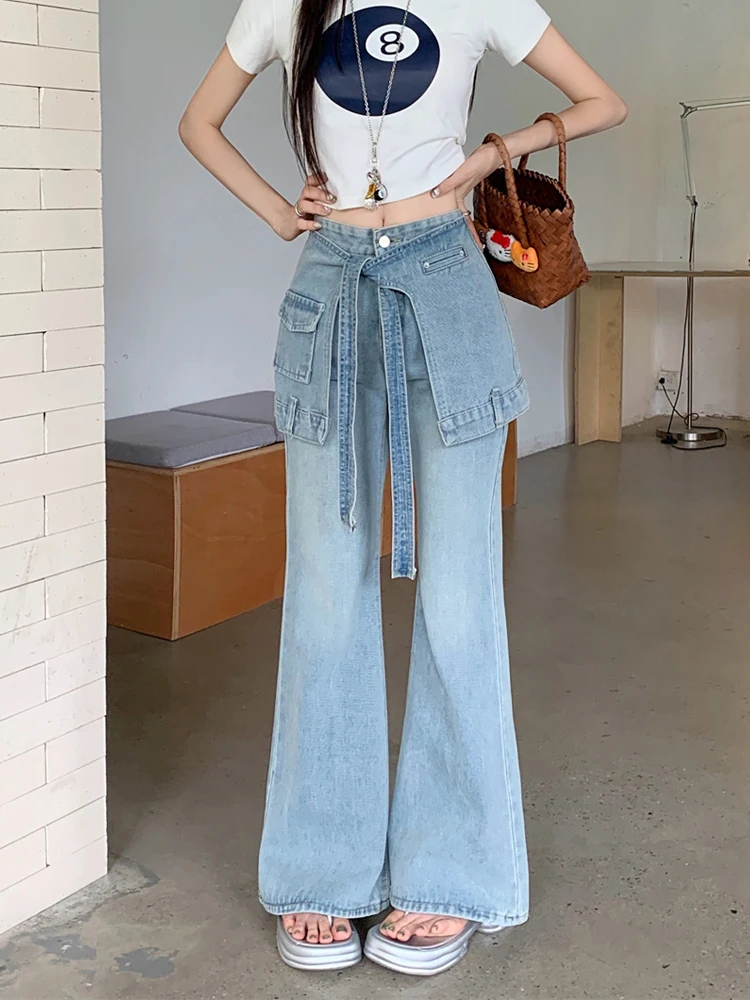 여성 의류 블랙 청바지 드로스트링 신축성 있는 허리 편안한 루즈핏 여성 데님 패션 편안한 기본 심플 데일리웨어