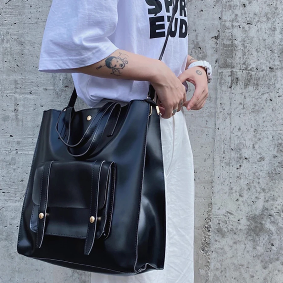 

Simple 14-inch pu leather women's bag shoulder casual large-capacity bag black British crossbody bag unisex style purse handbag
