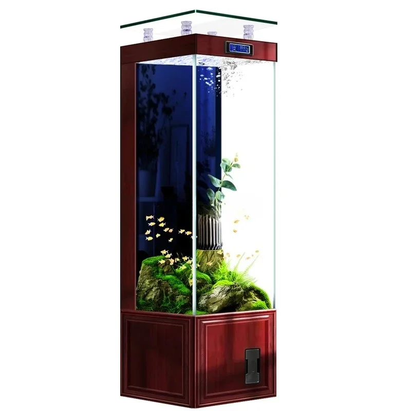 New Chinese imitation solid wood fish tank living room vertical floor ultra-white glass back filter small square tank