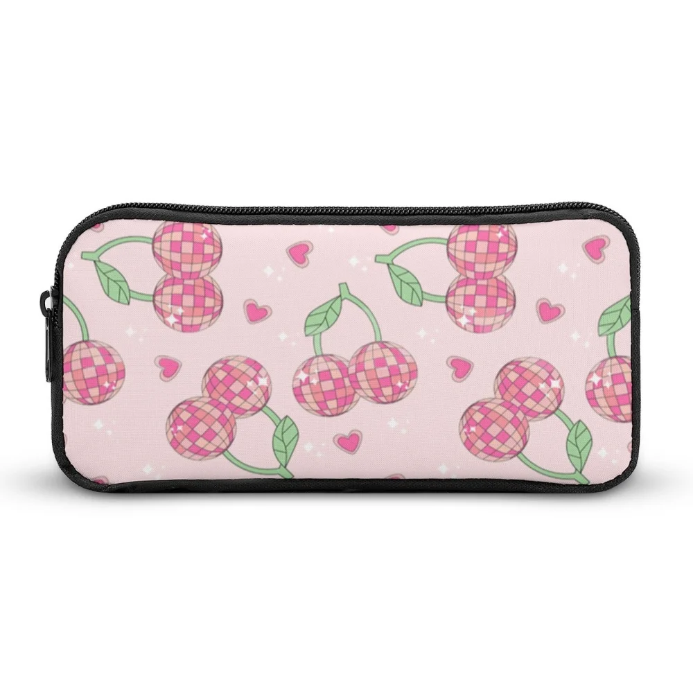 

1PCS Pink Background Cherry Pattern Black Pencil Case, Large Capacity, Sturdy & Durable, Suit for Pen Case, Easy To Carry