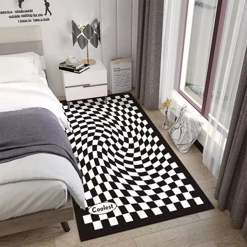 VIKAMA Checkerboard Rug Nordic Geometric Non-slip Washable Soft for Living Room Bedroom Bedside Decor