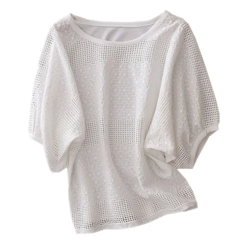 Fashion Embroidery Loose Lace Hollow Out Blouse Female Clothing 2023 Summer New Casual Pullovers Solid Color Korean Shirt