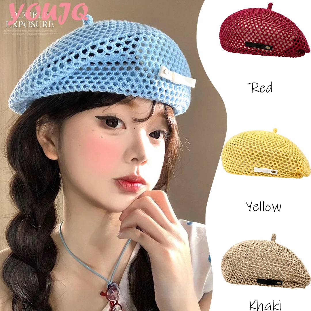 Japanese Knit Beret Summer French Hats for Women Literary Hollow Out Breathable Face Slim Thin Beanie Painter Cap Boina Hombre