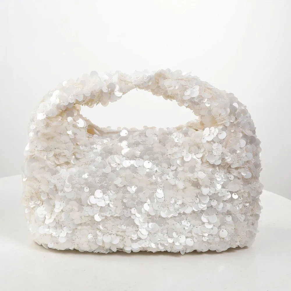 

Elegant White Hobo Handbag Sequins Small Evening Clutch Bag Shiny Bucket Bag Women