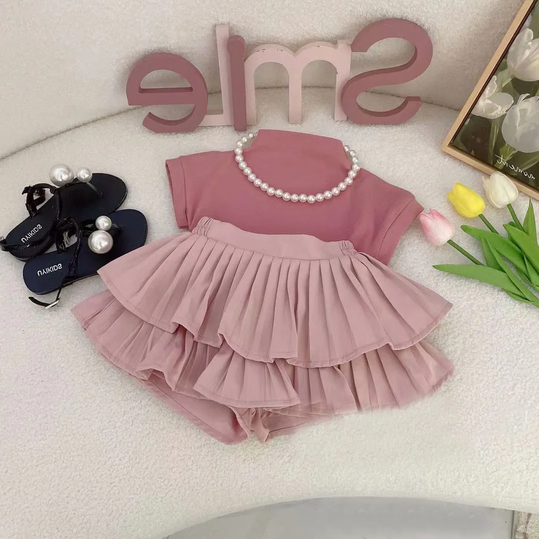 

2024 New Short Sleeved Pleated Skirt Two Piece Princess Dress Girl's Summer Set