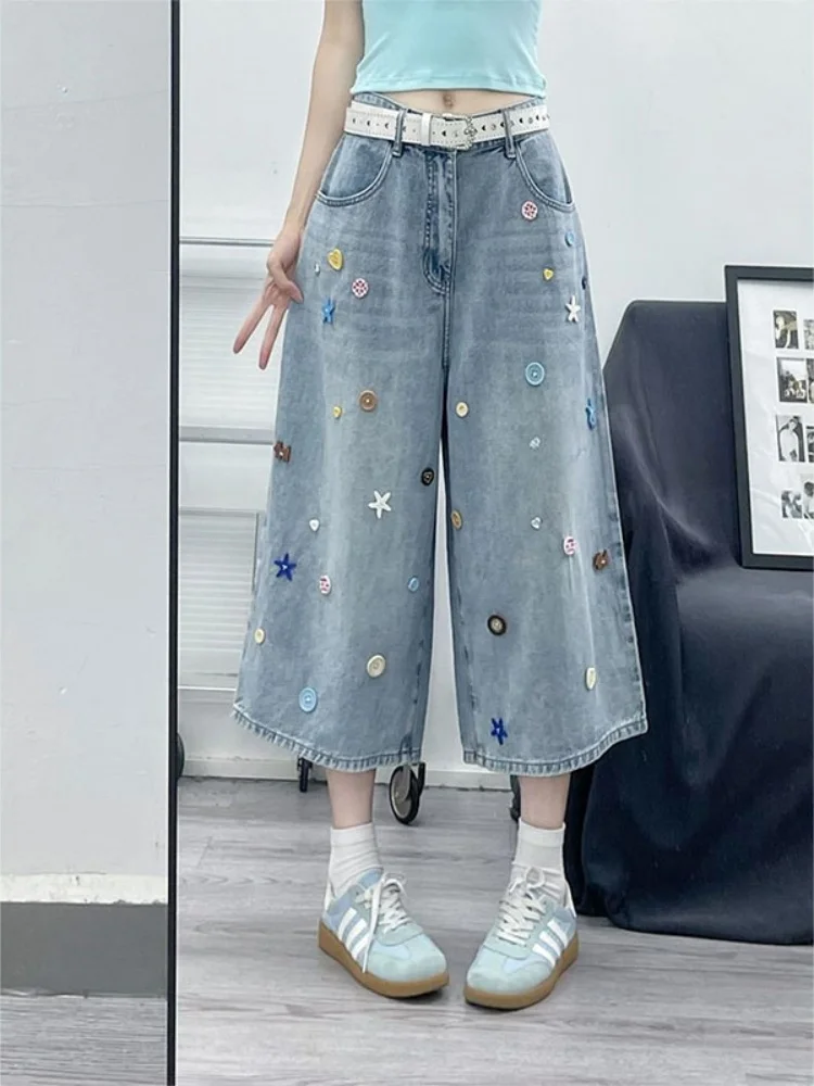 

Retro American Washed Light Blue Seven-Five Denim Shorts Women Summer New Design Sensation Button Wide Leg Jeans
