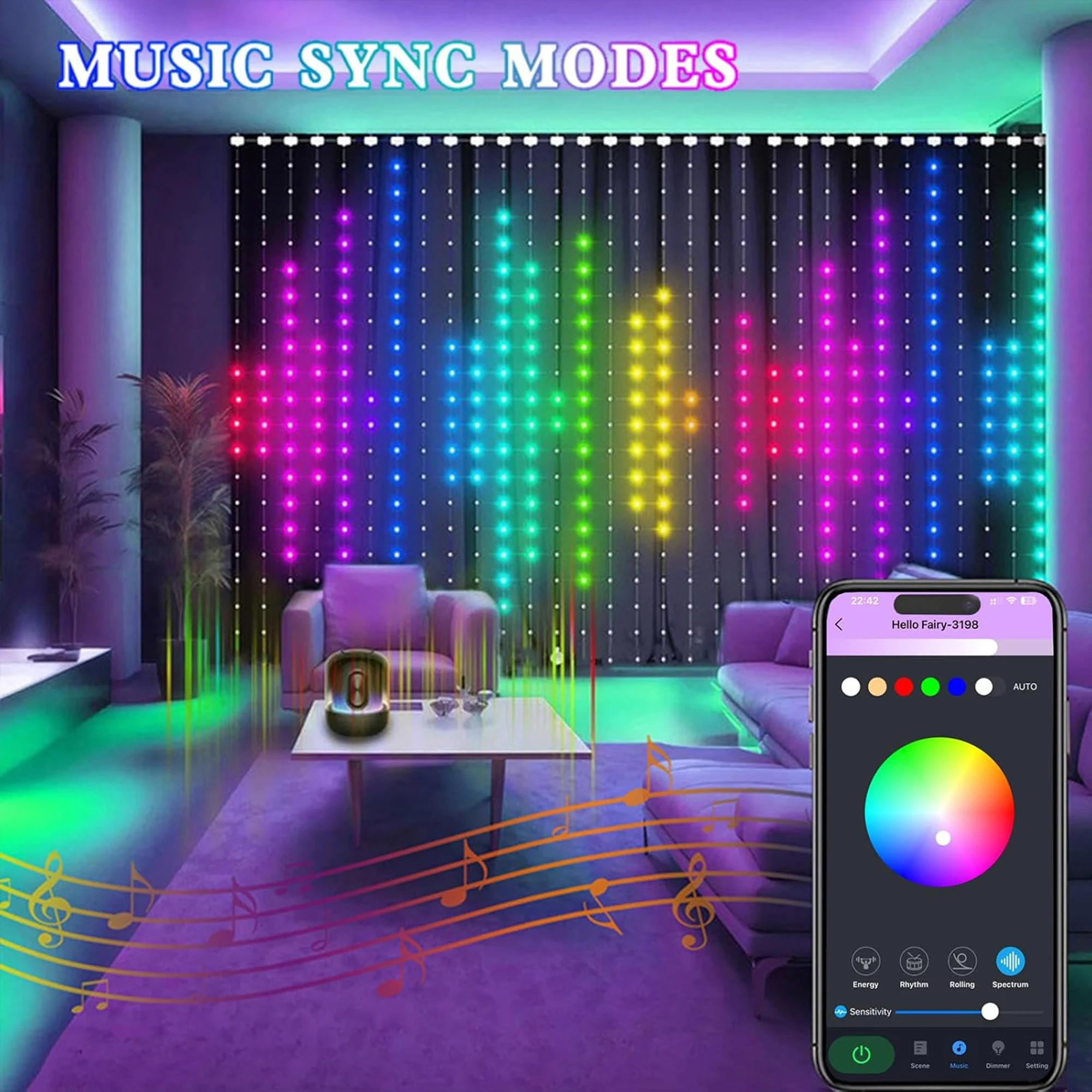2 * 2m USB powered DC5V APP/remote control intelligent RGB IC curtain light atmosphere DIY pattern lighting leather wire 400LED