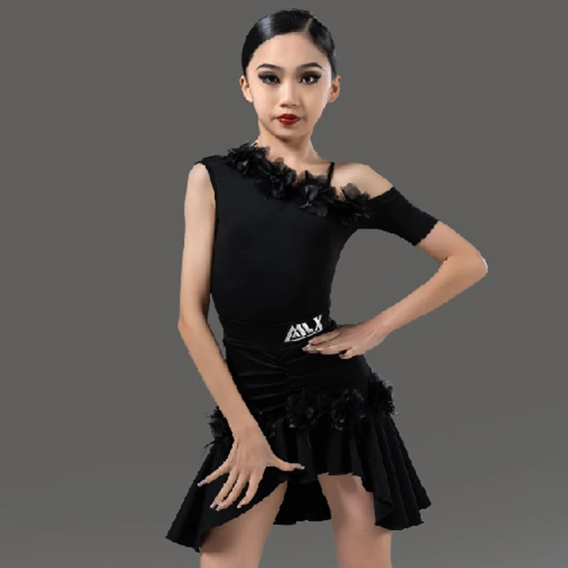

Летняя одежда для латинских танцев, детский сценический наряд, одежда для латинских танцев, черное боди без рукавов, нерегулярная юбка 2482