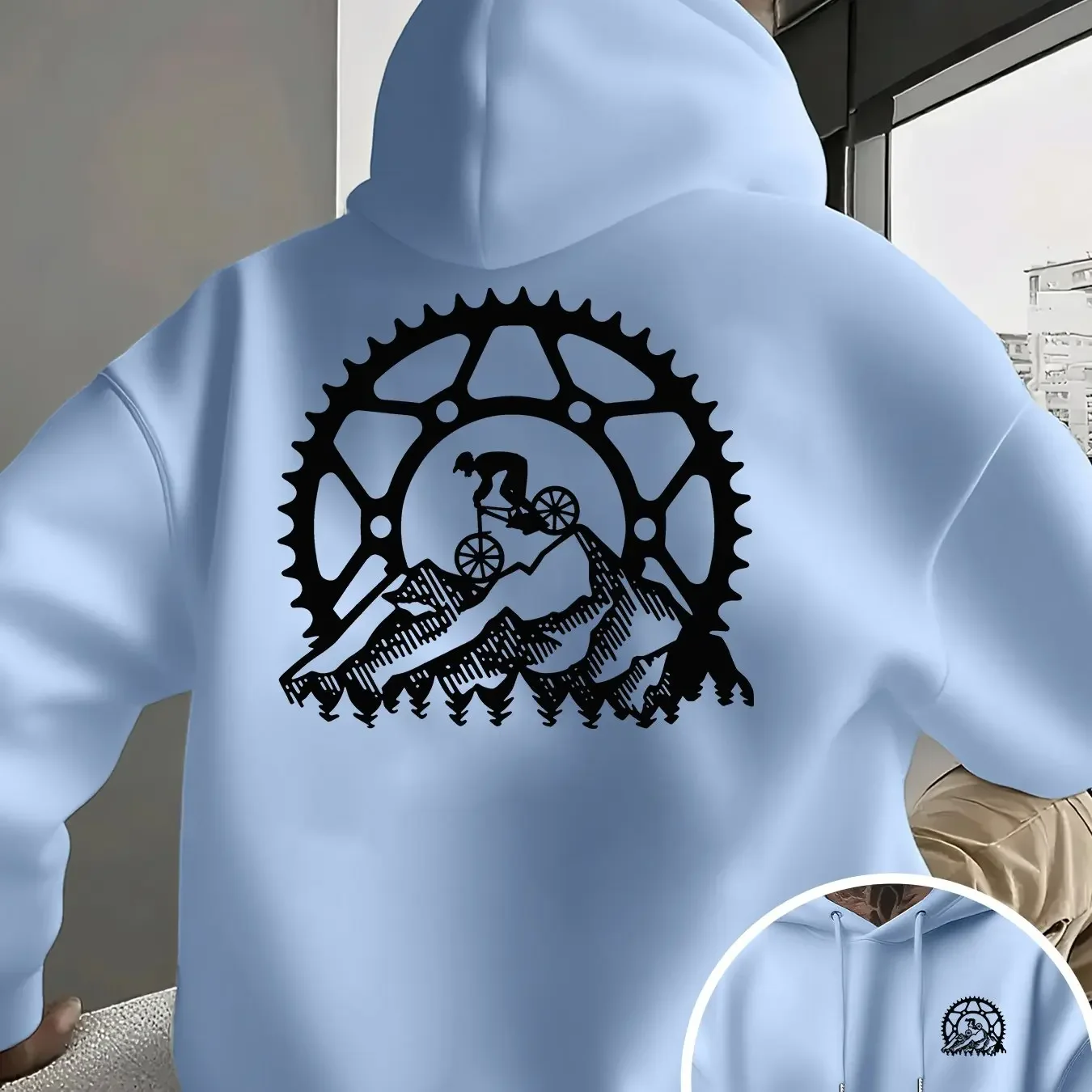 Men Mountain Bike Downhill Rider Sprocket Gear Mountain Forest Back Print Fleece Hoodie Cycling Sports Sweatshirt