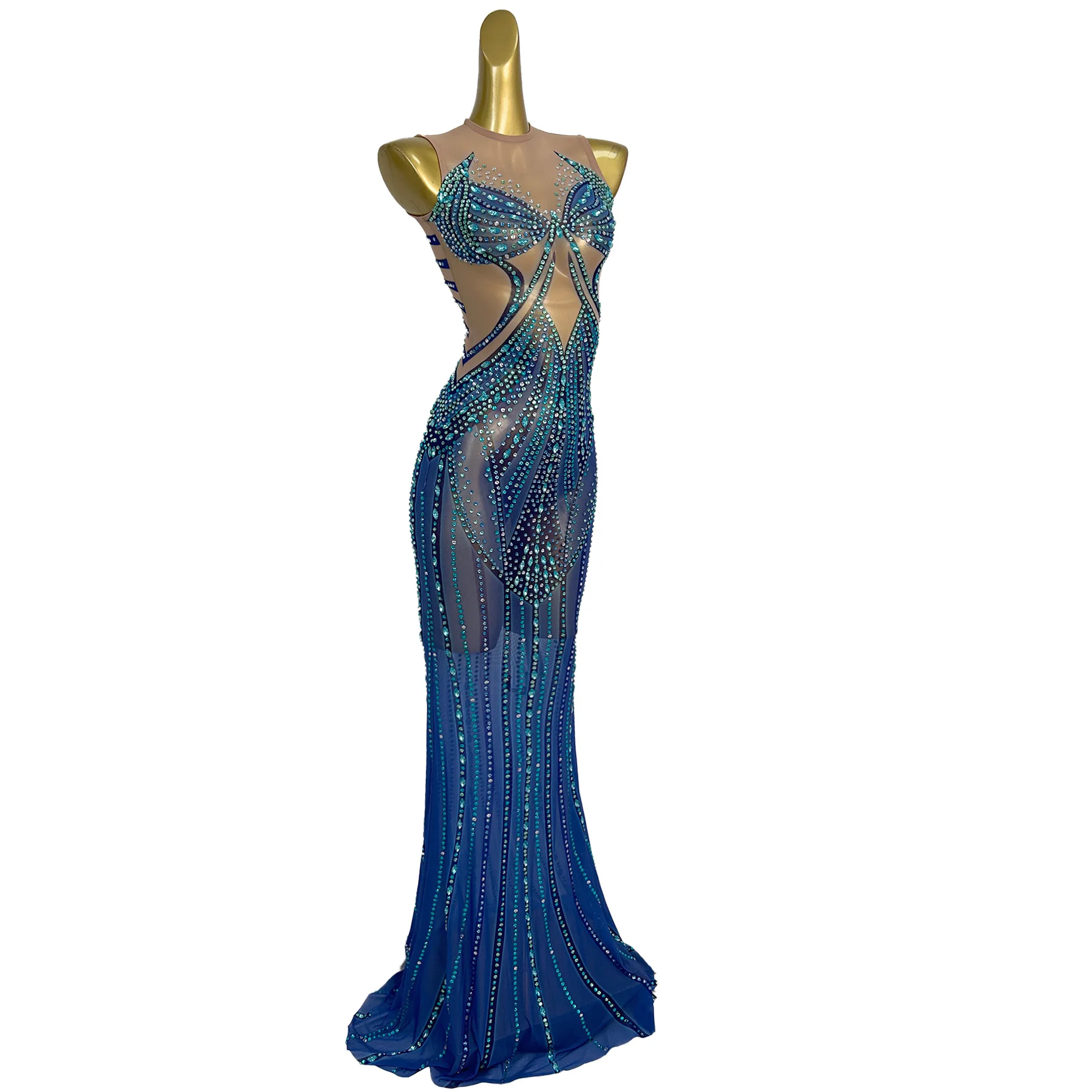 

Lanjingling элегантное женское вечернее платье высокого класса, синее прозрачное сетчатое платье со стразами, вечернее платье для прогулок на красной ковровой дорожке знаменитостей