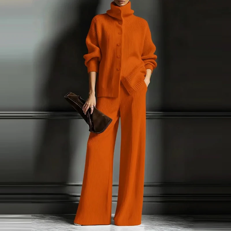 새로운 가을 겨울 두꺼운 패셔너블 여성 캐주얼 수트 루즈하고 편안한 울 하이넥 와이드 레그 세트